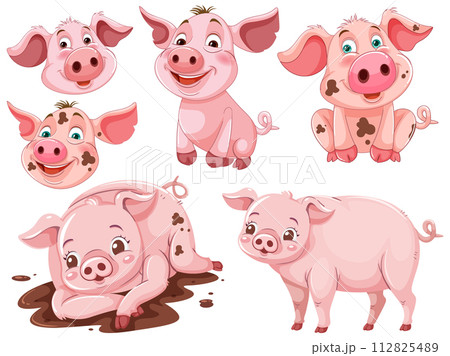 Playful Piglets Vector Illustration Set 112825489