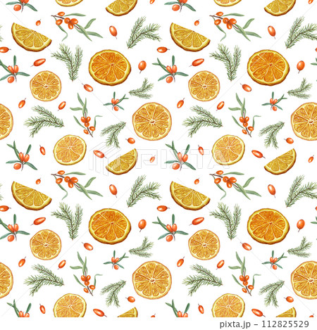 Sea buckthorn, orange and spruce branch. Seamless pattern of berry, fruit slice, greenery. Citrus, berries, evergreen. Ornate isolated on white. Watercolor illustration for textile, package Sea buckthorn, orange and spruce branch. Seamless pattern of berry, fruit slice, greenery. Citrus, berries, evergreen. Ornate isolated on white. Watercolor illustration for textile, package 112825529