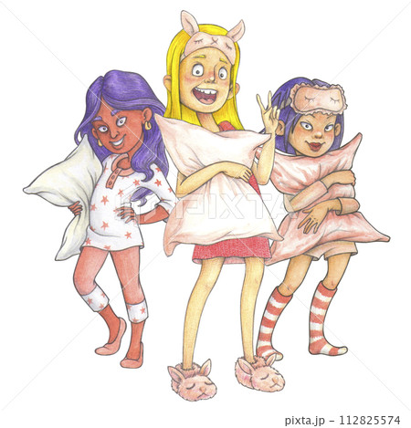 Cool cartoon young girls in pajamas, ready for pajama party or international pajama day - isolated hand-drawn composition for T-shirt design Cool cartoon young girls in pajamas, ready for pajama party or international pajama day - isolated hand-drawn composition for T-shirt design 112825574