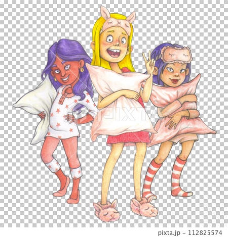 Cool cartoon young girls in pajamas, ready for pajama party or international pajama day - isolated hand-drawn composition for T-shirt design Cool cartoon young girls in pajamas, ready for pajama party or international pajama day - isolated hand-drawn composition for T-shirt design 112825574