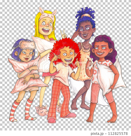 Cartoon girls in pajamas ready for pj party Showing Positive Gestures Thumb Up and Victory. Isolated watercolor illustration for T-shirt design Cartoon girls in pajamas ready for pj party Showing Positive Gestures Thumb Up and Victory. Isolated watercolor illustration for T-shirt design 112825578