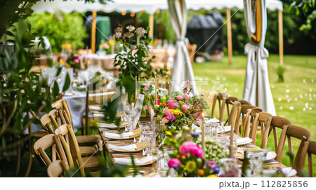 Wedding decoration in the cottage, floral country wedding decor, cake and event celebration, English countryside style 112825856