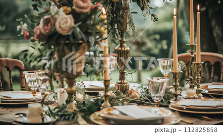 Wedding decoration in the cottage, floral country wedding decor, cake and event celebration, English countryside style 112825858