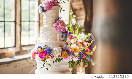 Wedding decoration in the cottage, floral country wedding decor, cake and event celebration, English countryside style 112825859