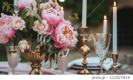 Wedding decoration with peonies, floral decor and event celebration, peony flowers and wedding ceremony in the garden, English country style Wedding decoration with peonies, floral decor and event celebration, peony flowers and wedding ceremony in the garden, English country style 112825919