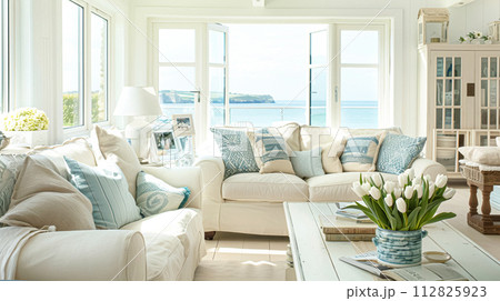 Coastal cottage sitting room, white living room interior design and country house home decor, sofa and lounge furniture, English countryside style 112825923