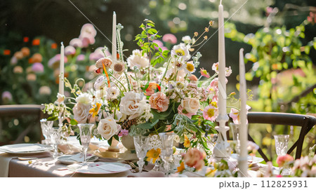 Wedding decoration in the cottage, floral country wedding decor, cake and event celebration, English countryside style 112825931