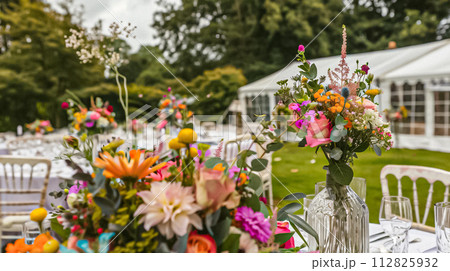 Wedding decoration in the cottage, floral country wedding decor, cake and event celebration, English countryside style 112825932