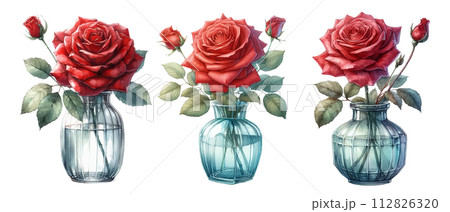 ガラスの花瓶に入った赤い薔薇の水彩イラストの素材セット 112826320