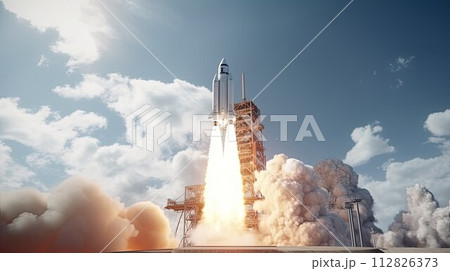Take-off of space rocket at test site. Cosmodrome and launch of the spacecraft. Science and technology. 112826373