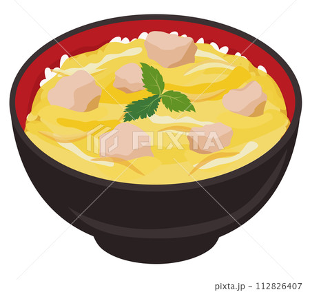 【ベクター】とろとろの卵とジューシーな鶏肉が美味しそうな定番親子丼のイラスト（単品） 112826407
