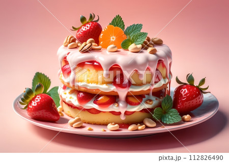 fruit cake with strawberry cream, nuts, tangerines 112826490