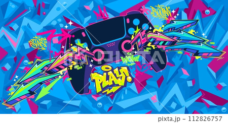 Abstract Joystick Or Gamepad Hip Hop Graffiti Street Art Urban Gaming Style Vector Banner 112826757