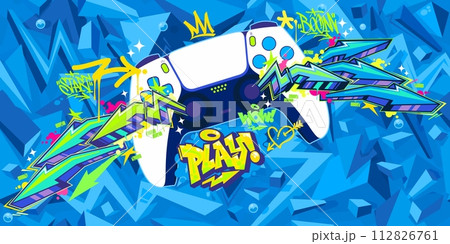 Trendy Abstract Joystick Or Gamepad Hip Hop Graffiti Street Art Urban Gaming Style Vector Banner 112826761