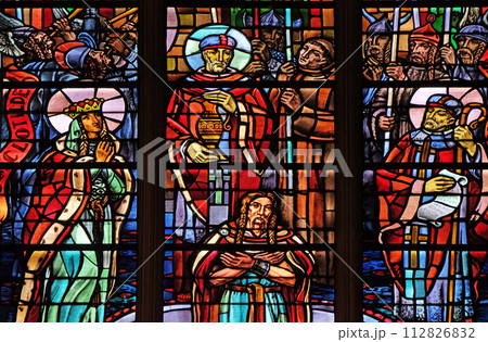 Baptism of Clovis, stained glass windows in the Saint Laurent Church, Paris, France 112826832