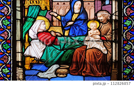 Birth of the Virgin Mary stained glass windows in the Saint Eugene - Saint Cecilia Church, Paris, France 112826857