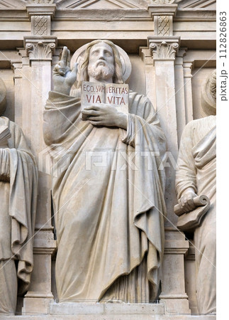 Jesus Christ, statue on the facade of Saint Augustine church in Paris, France 112826863