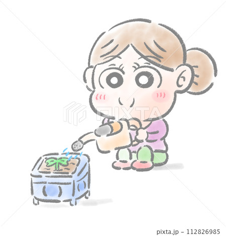 苗に水をまく　子供　水彩タッチ 112826985