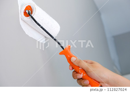 Home repairman paint the walls gray walls, painters use white paint brush rolls. Home repairman paint the walls gray walls, painters use white paint brush rolls. 112827024