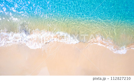 High angle view of the sea and sandy beach on the island, beautiful blue water. 112827210