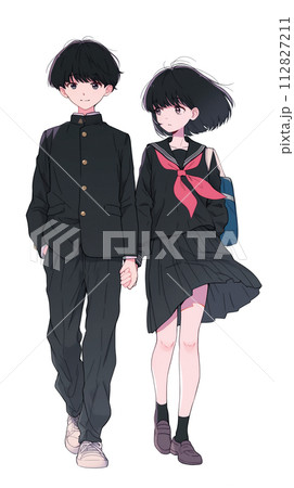 日本の学生　制服姿の男女のイラスト　手を繋いで仲良く帰る 112827211