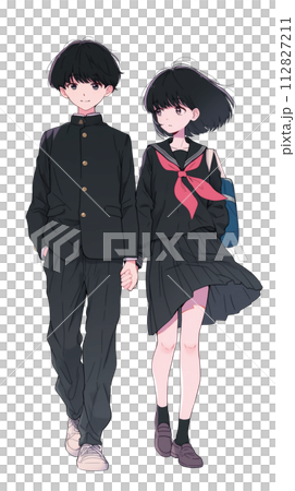 日本の学生　制服姿の男女のイラスト　手を繋いで仲良く帰る 112827211