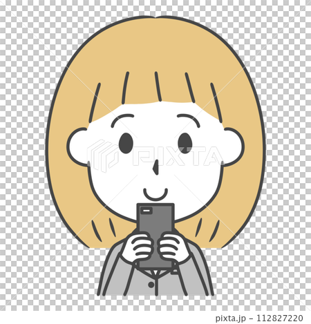 Illustration of a woman in a suit looking at a smartphone Illustration of a woman in a suit looking at a smartphone 112827220
