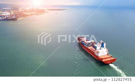 Aerial view of the freight shipping transport system cargo ship container. international transportation Export-import business, logistics, transportation industry concepts 112827455