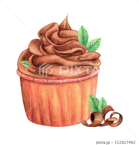 Cupcake muffin cream watercolor drawing sweets. Chocolate roll mint leaf spiral cake. Bakery tasty dessert illustration. Birthday confection decoration whipped. Aquarelle isolated white background 112827462