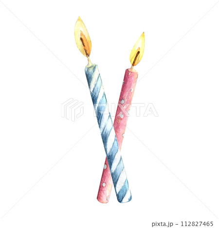 Candle birthday cake watercolor drawing. Anniversary holiday celebration fire blue pink stripe. Decoration isolated white background. Aquarelle party greeting funny. Year wedding burn light flame xmas Candle birthday cake watercolor drawing. Anniversary holiday celebration fire blue pink stripe. Decoration isolated white background. Aquarelle party greeting funny. Year wedding burn light flame xmas 112827465