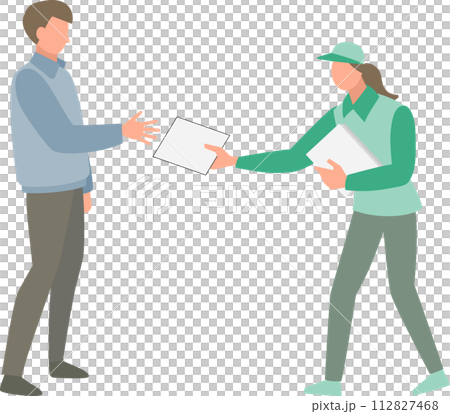 A woman handing out a flyer and a man receiving it 112827468