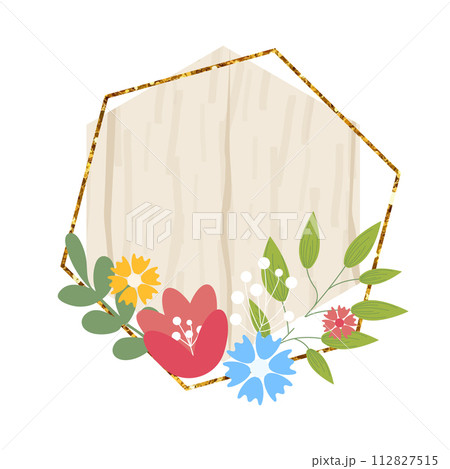 Wooden hexagon sign element with flowers. Vector wood board, frame, badge, label, shield, signboard collection. Brown background for your text. Vector illustration. Wooden hexagon sign element with flowers. Vector wood board, frame, badge, label, shield, signboard collection. Brown background for your text. Vector illustration. 112827515