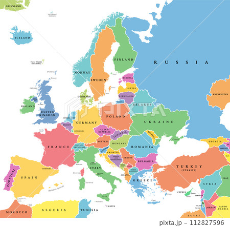 Europe with a part of the Middle East countries, political map. Western part of continent Eurasia, located in the Northern Hemisphere. Countries with international borders and English labeling. Vector Europe with a part of the Middle East countries, political map. Western part of continent Eurasia, located in the Northern Hemisphere. Countries with international borders and English labeling. Vector 112827596