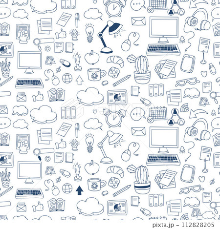 Business work seamless pattern. Communications and technology, home office symbols hand drawn doodles on white background. Vector illustration. 112828205