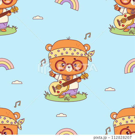 Seamless pattern with groovy hippy bear boy. Cute animal with guitar on blue background. Funny retro kawaii character. Vector illustration in trendy 70s style. Kids collection. 112828207