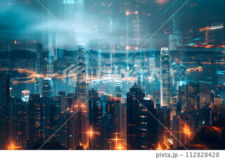 Urban Mirage: Double Exposure of Hong Kong's Night Cityscape Urban Mirage: Double Exposure of Hong Kong's Night Cityscape 112828428