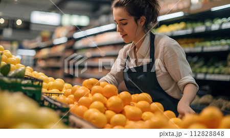 Oranges Galore: Woman Making a Fresh Choice at the Supermarket Fruit Stand 112828848