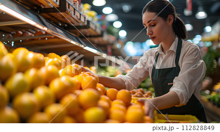 Oranges Galore: Woman Making a Fresh Choice at the Supermarket Fruit Stand 112828849