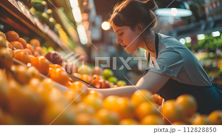 Oranges Galore: Woman Making a Fresh Choice at the Supermarket Fruit Stand 112828850