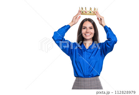 Business success and reward. Successful leadership leading business to success. Ambitious businesswoman in formalwear and crown. Successful businesswoman with crown. Copy space Business success and reward. Successful leadership leading business to success. Ambitious businesswoman in formalwear and crown. Successful businesswoman with crown. Copy space 112828979