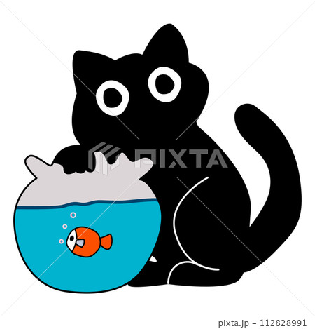 Cartoon, little black cat playing with goldfish 112828991