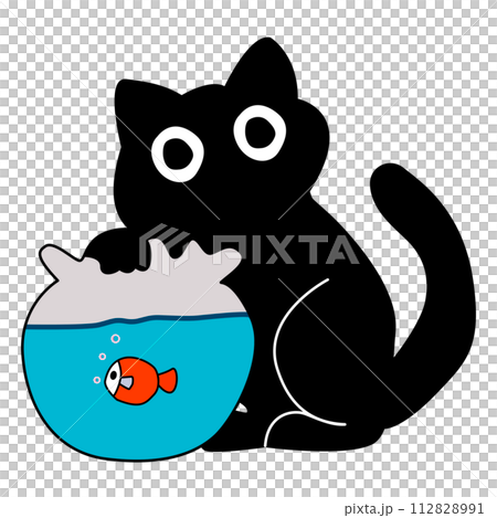Cartoon, little black cat playing with goldfish 112828991