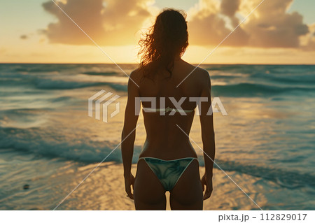 Beach Bliss: Rear View of Woman in Bikini Embracing Coastal Serenity Beach Bliss: Rear View of Woman in Bikini Embracing Coastal Serenity 112829017
