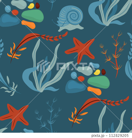 Vector seamless pattern with fish, corals, and seaweed. Background, wallpaper, textile or paper print Vector seamless pattern with fish, corals, and seaweed. Background, wallpaper, textile or paper print 112829205