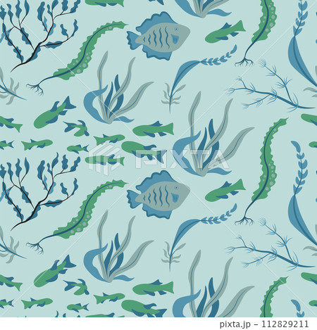 Vector seamless pattern with fish, corals, and seaweed. Background, wallpaper, textile or paper print 112829211