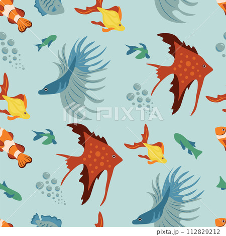 Vector seamless pattern with fish, corals, and seaweed. Background, wallpaper, textile or paper print 112829212