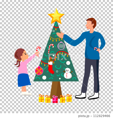 Father and daughter arranging decorations on Christmas tree.  112829466
