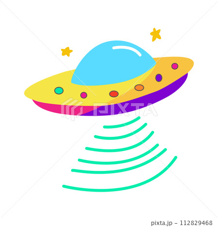 flying ufo cartoon. Cute stylised alien spaceship. 112829468