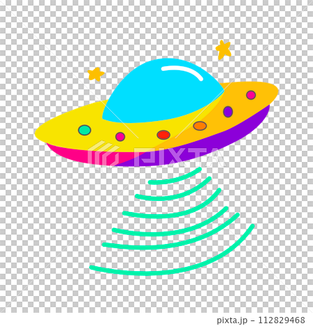 flying ufo cartoon. Cute stylised alien spaceship. 112829468
