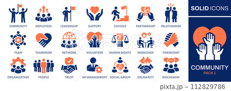 Community icon set. Collection of people, team, partnership, success and more. Vector illustration. Easily changes to any color. 112829786